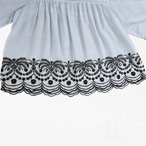 Zara Basic Blue Black Striped Embroidered Bell Sleeve Cotton Top Blouse Size XS - Picture 6 of 11